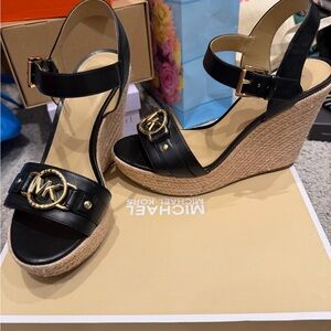 Michael Kors Black and Tan Wedge Sandals